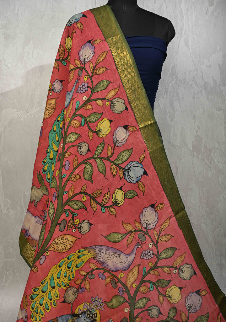 DUPATTA : Amarnath Pink Authentic Pen Kalamkari on Mangalagiri Silk Cotton Dupatta with Jungle and Radha-Krishna Theme