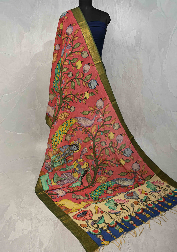 DUPATTA : Amarnath Pink Authentic Pen Kalamkari on Mangalagiri Silk Cotton Dupatta with Jungle and Radha-Krishna Theme
