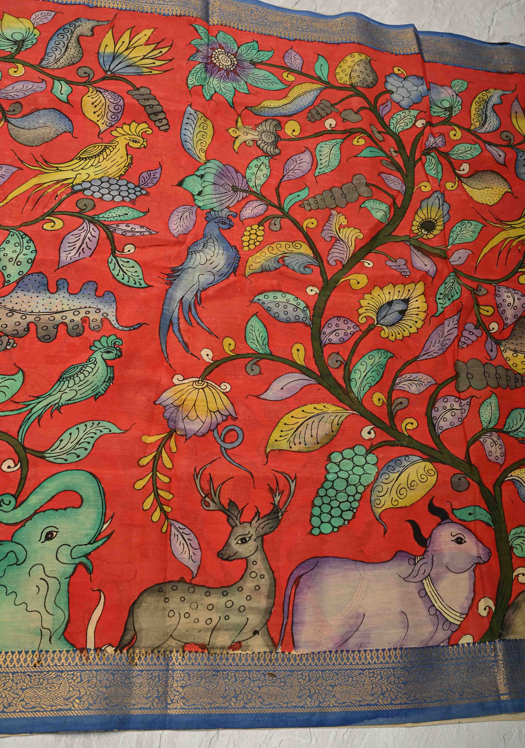 DUPATTA : Pinkish Red Authentic Pen Kalamkari on Mangalagiri Silk Cotton Dupatta with Vanasingaram Theme