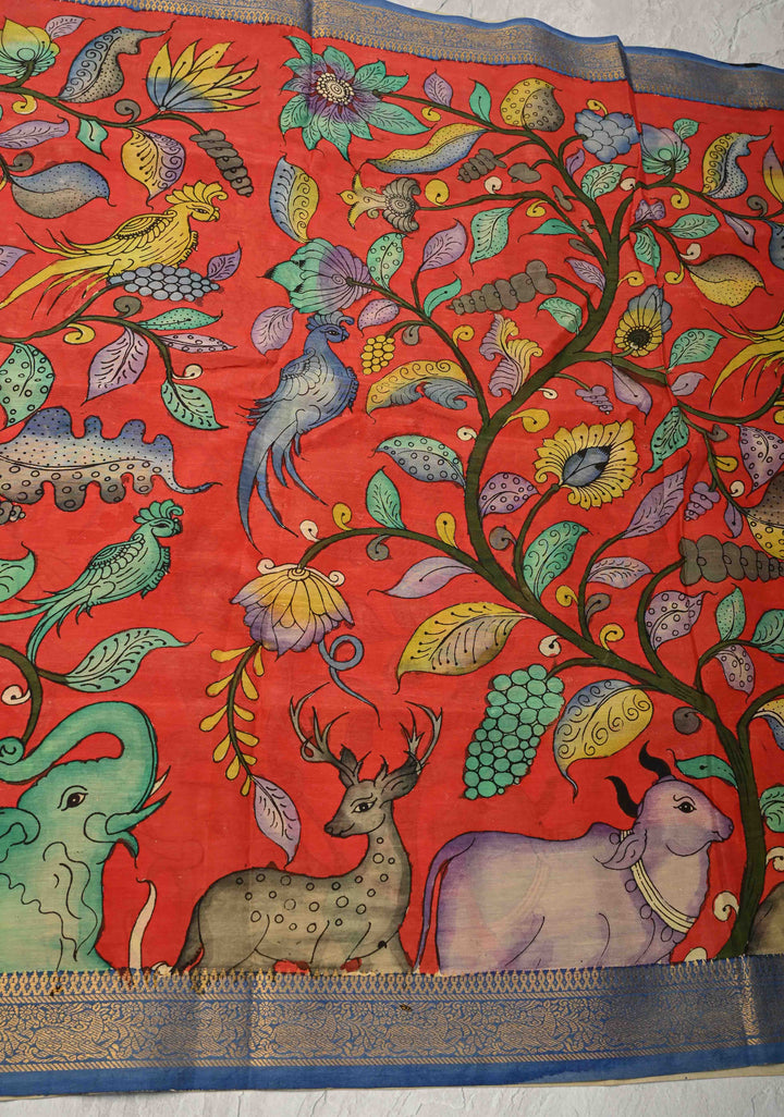 DUPATTA : Pinkish Red Authentic Pen Kalamkari on Mangalagiri Silk Cotton Dupatta with Vanasingaram Theme