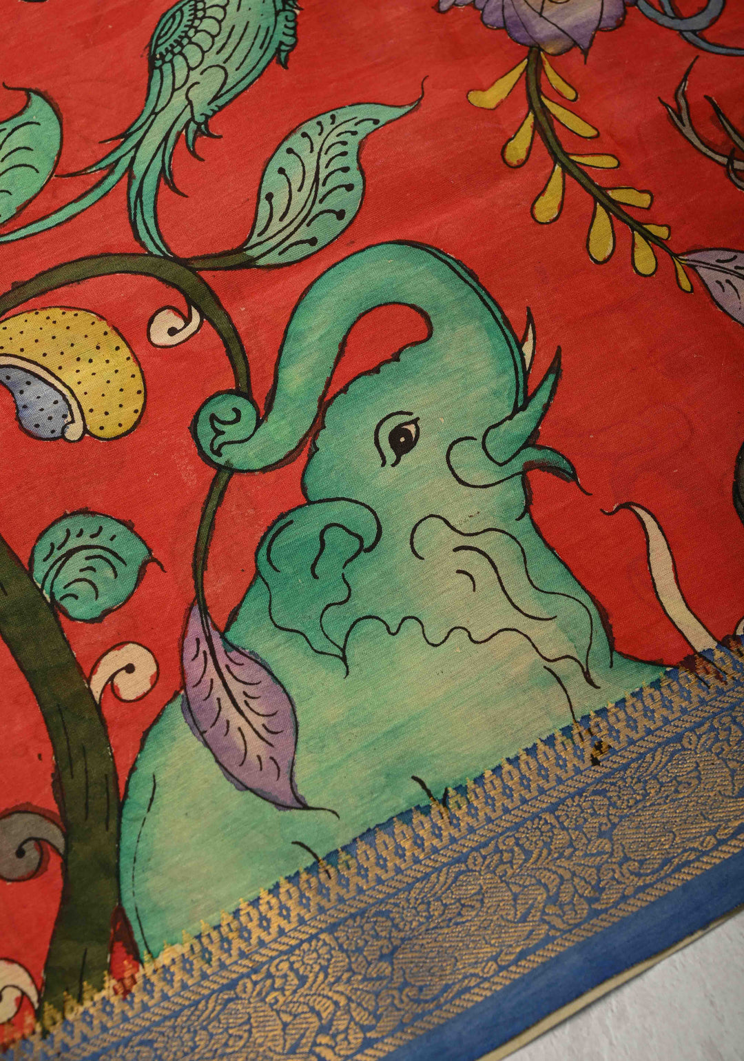 DUPATTA : Pinkish Red Authentic Pen Kalamkari on Mangalagiri Silk Cotton Dupatta with Vanasingaram Theme