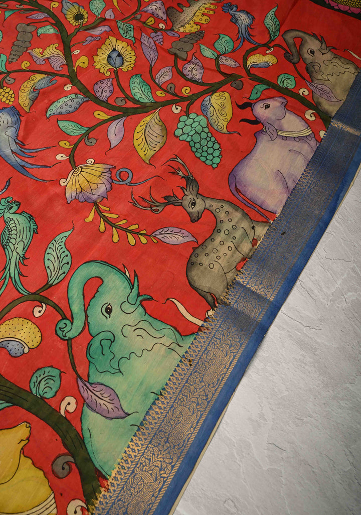 DUPATTA : Pinkish Red Authentic Pen Kalamkari on Mangalagiri Silk Cotton Dupatta with Vanasingaram Theme