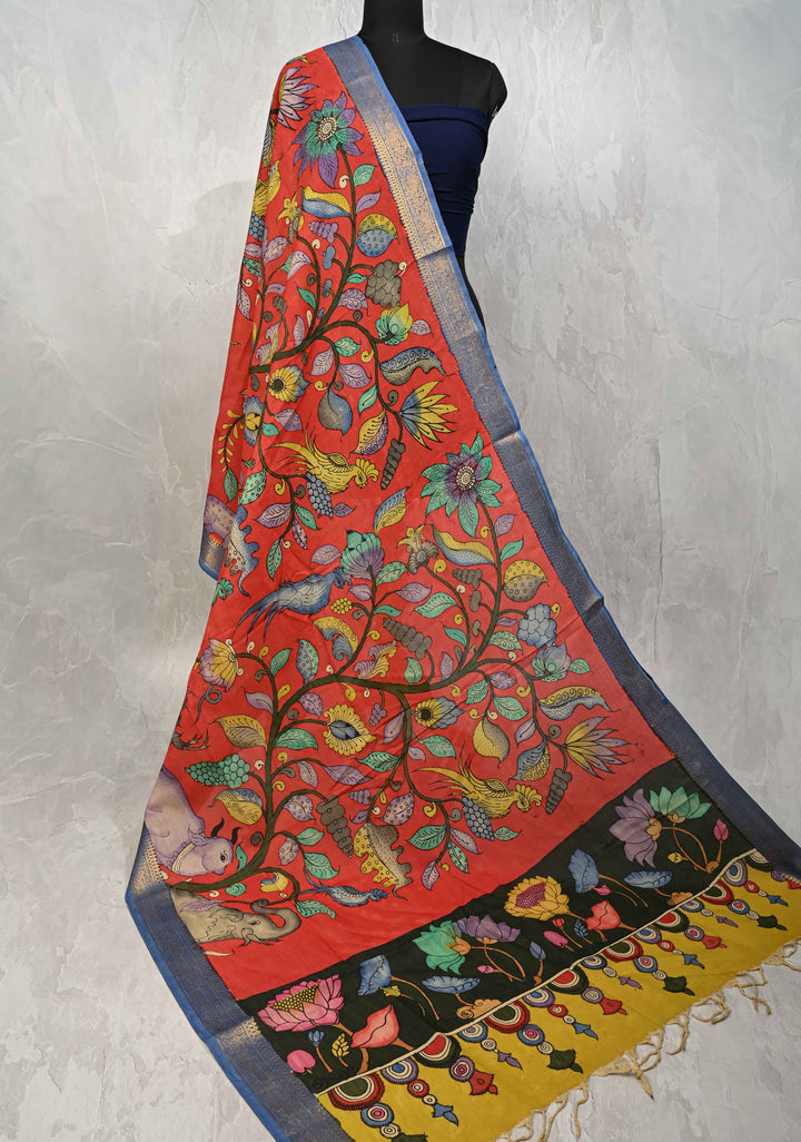 DUPATTA : Pinkish Red Authentic Pen Kalamkari on Mangalagiri Silk Cotton Dupatta with Vanasingaram Theme