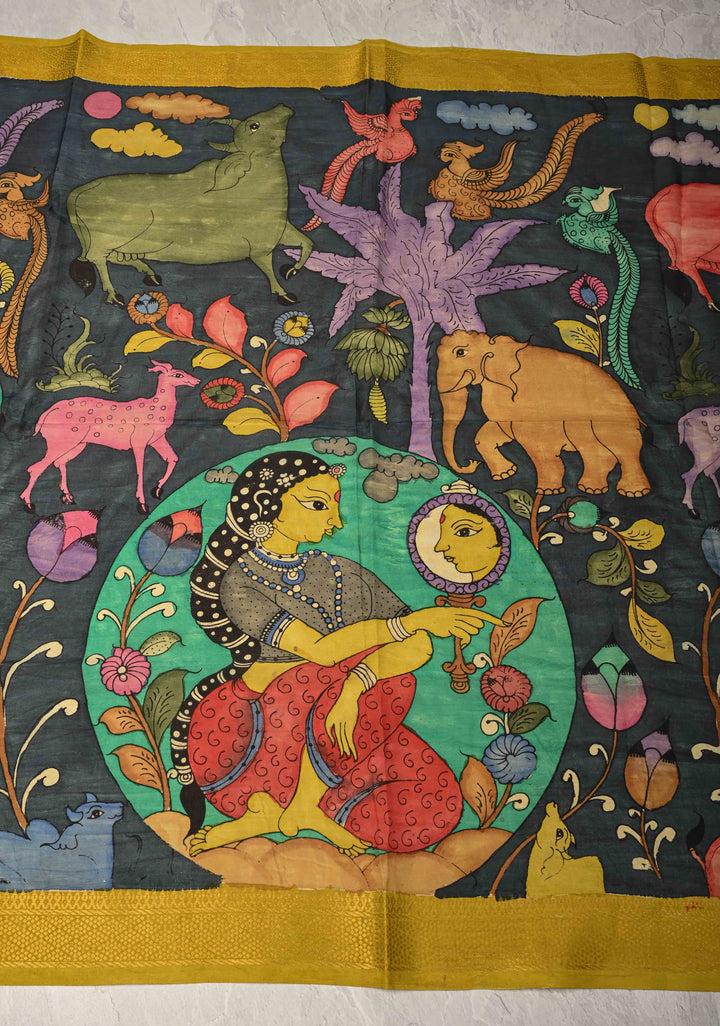 DUPATTA : Authentic Pen Kalamkari on Mangalagiri Silk Cotton Dupatta with Sundari, Mandalas and Jungle Theme Design