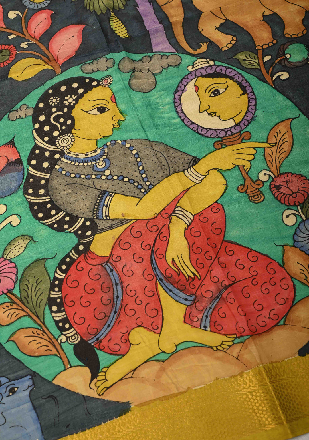 DUPATTA : Authentic Pen Kalamkari on Mangalagiri Silk Cotton Dupatta with Sundari, Mandalas and Jungle Theme Design
