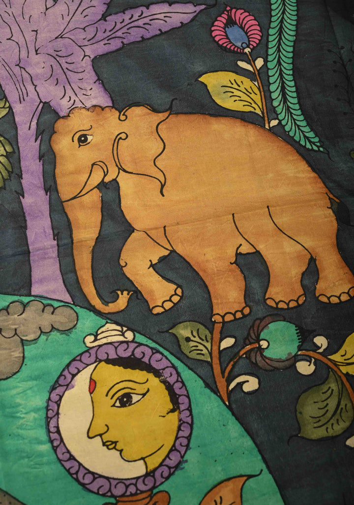 DUPATTA : Authentic Pen Kalamkari on Mangalagiri Silk Cotton Dupatta with Sundari, Mandalas and Jungle Theme Design
