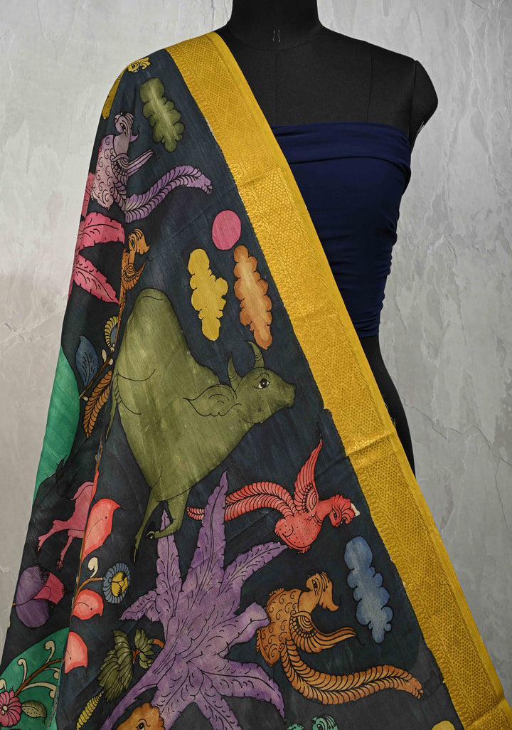DUPATTA : Authentic Pen Kalamkari on Mangalagiri Silk Cotton Dupatta with Sundari, Mandalas and Jungle Theme Design