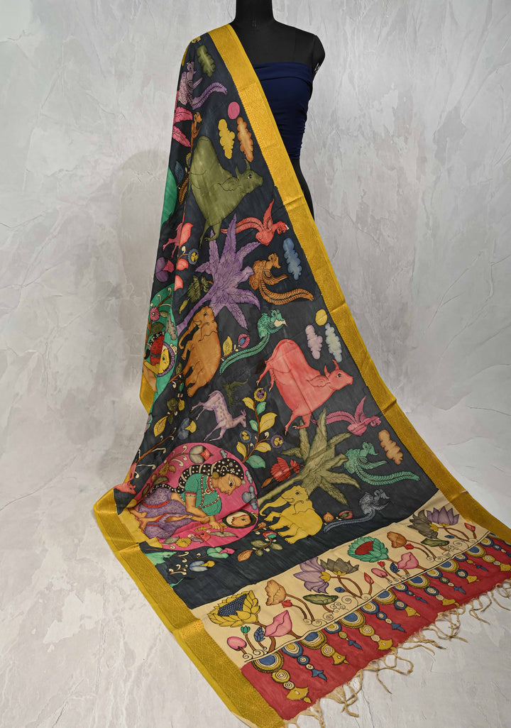 DUPATTA : Authentic Pen Kalamkari on Mangalagiri Silk Cotton Dupatta with Sundari, Mandalas and Jungle Theme Design