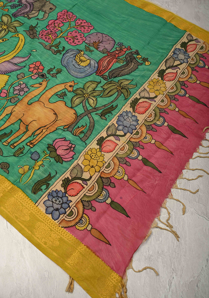 DUPATTA : Rama Green Authentic Pen Kalamkari on Mangalagiri Silk Cotton Dupatta with Camel Theme