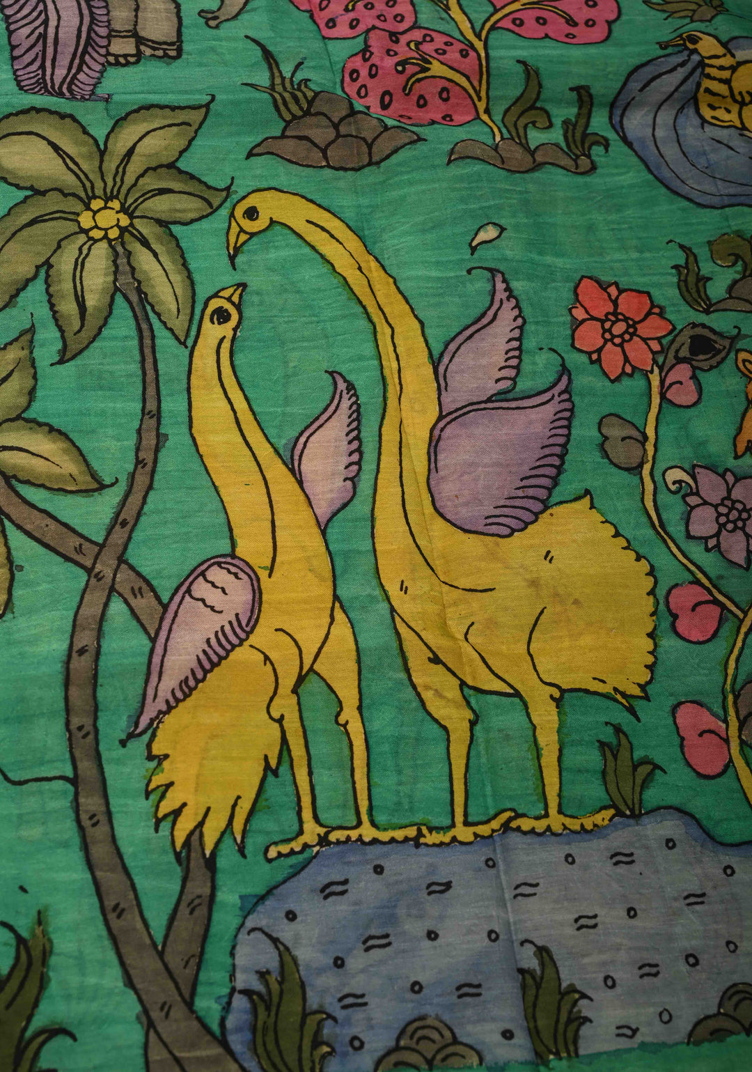 DUPATTA : Rama Green Authentic Pen Kalamkari on Mangalagiri Silk Cotton Dupatta with Camel Theme