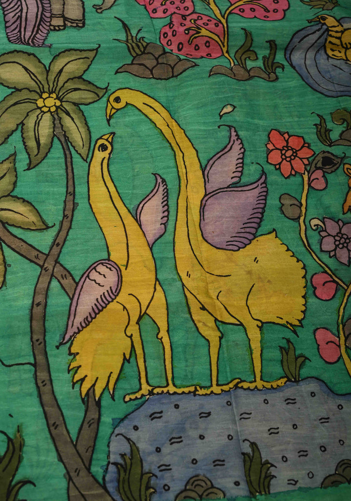 DUPATTA : Rama Green Authentic Pen Kalamkari on Mangalagiri Silk Cotton Dupatta with Camel Theme