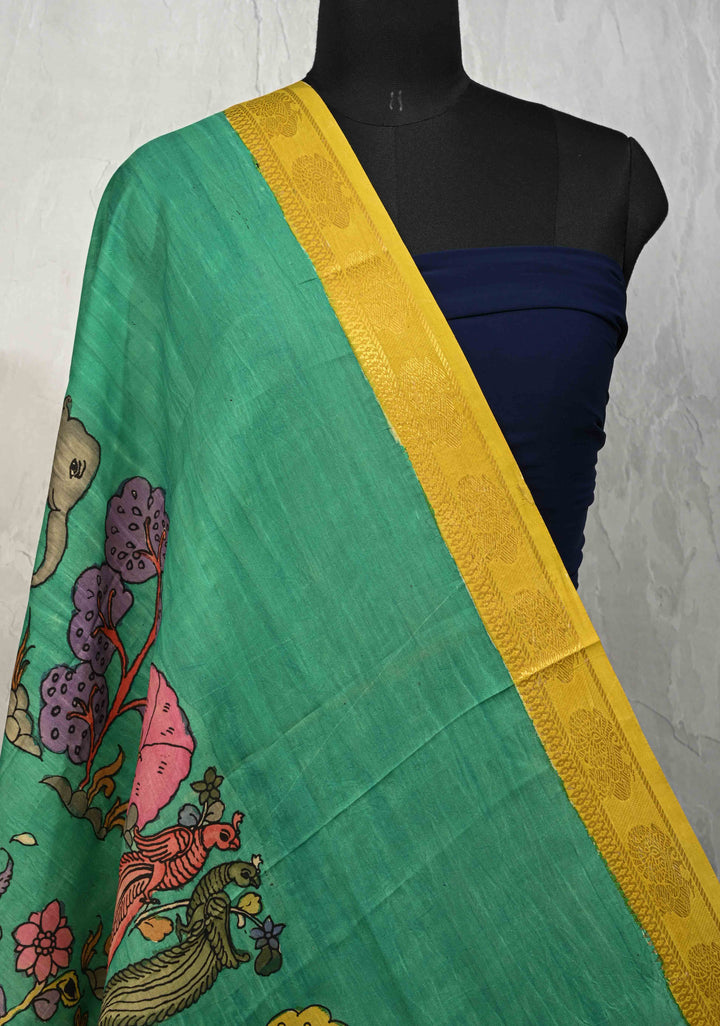 DUPATTA : Rama Green Authentic Pen Kalamkari on Mangalagiri Silk Cotton Dupatta with Camel Theme