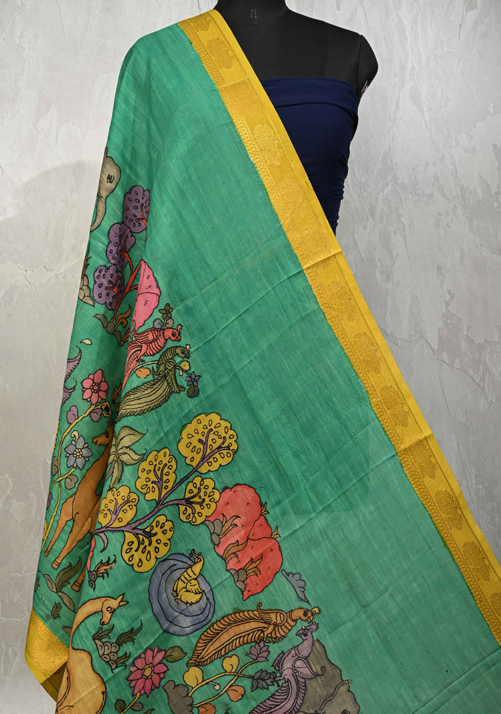 DUPATTA : Rama Green Authentic Pen Kalamkari on Mangalagiri Silk Cotton Dupatta with Camel Theme