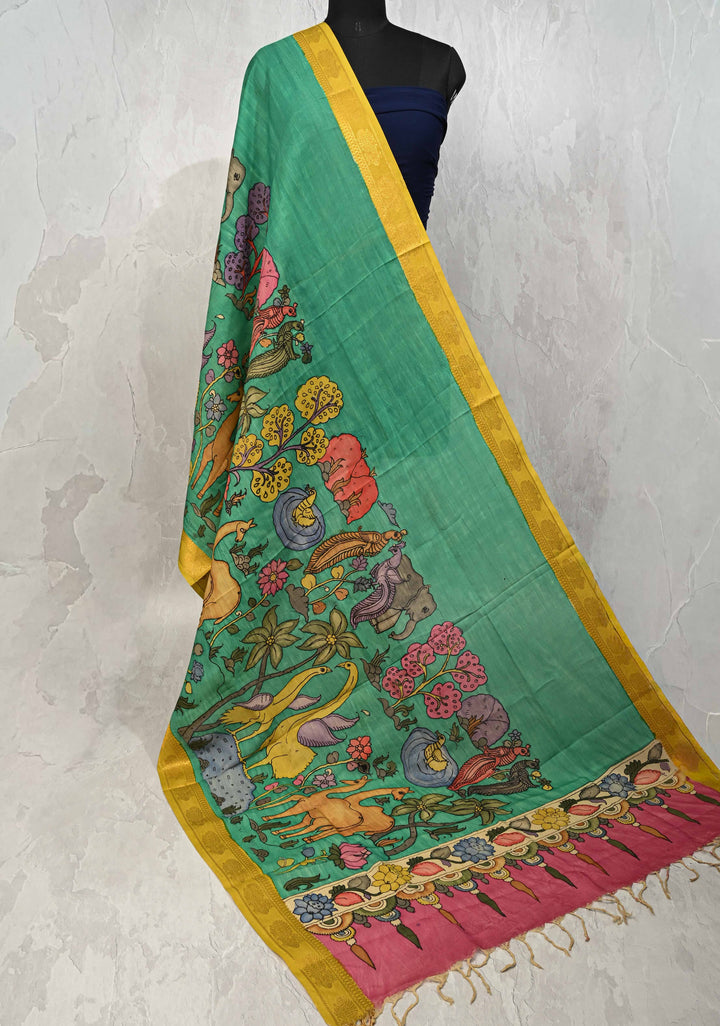DUPATTA : Rama Green Authentic Pen Kalamkari on Mangalagiri Silk Cotton Dupatta with Camel Theme