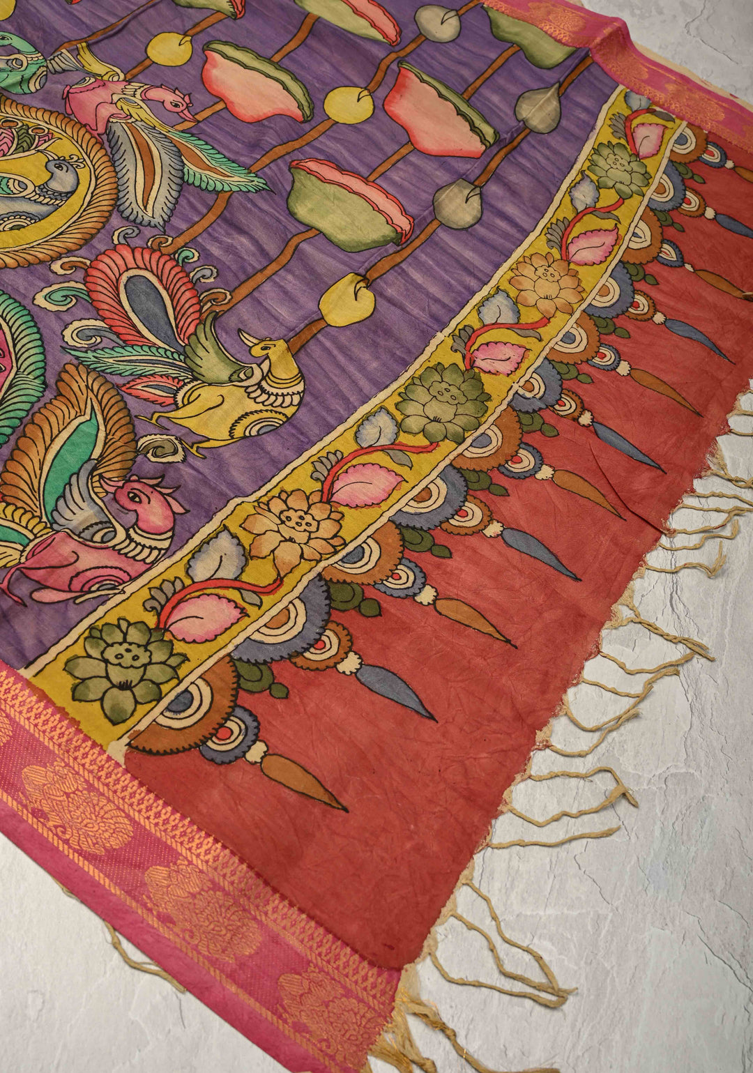 DUPATTA : Lavender Authentic Pen Kalamkari on Mangalagiri Silk Cotton Dupatta with Lotus and Peacock Mandalas Design