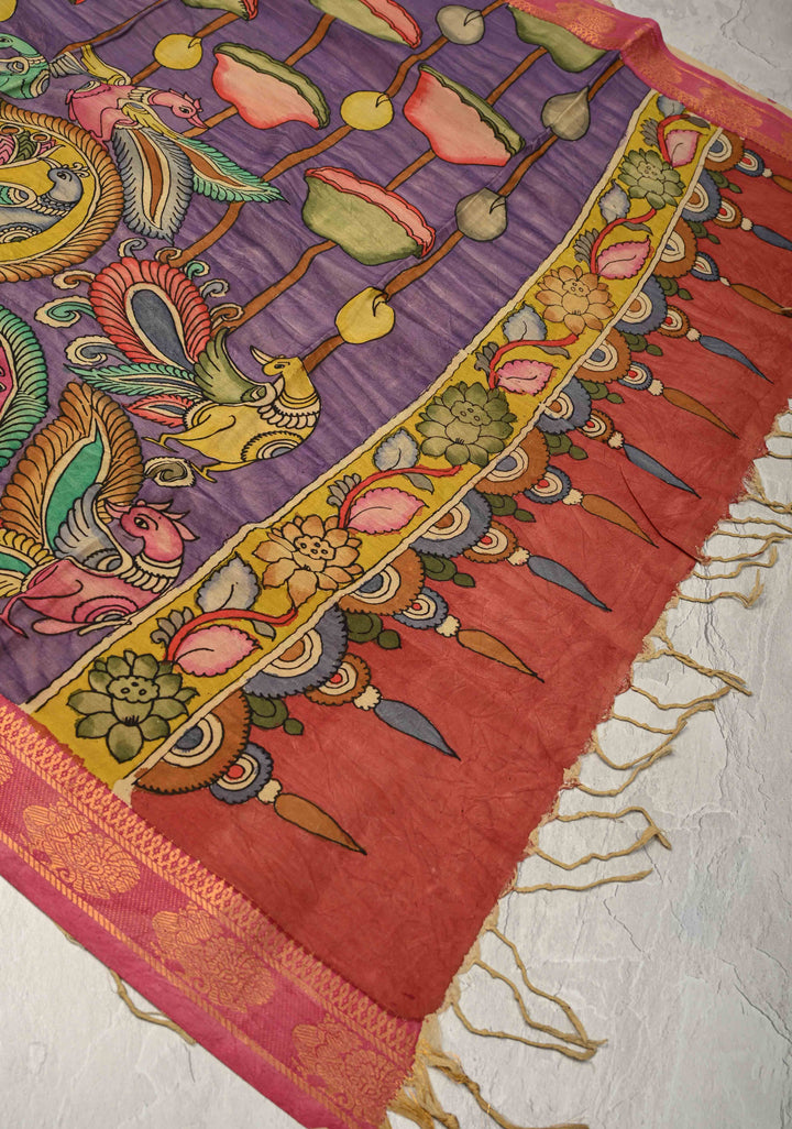 DUPATTA : Lavender Authentic Pen Kalamkari on Mangalagiri Silk Cotton Dupatta with Lotus and Peacock Mandalas Design