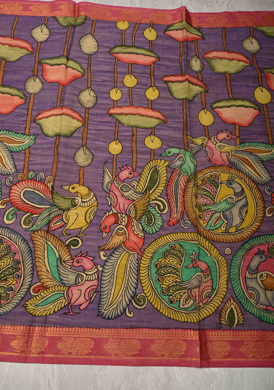 DUPATTA : Lavender Authentic Pen Kalamkari on Mangalagiri Silk Cotton Dupatta with Lotus and Peacock Mandalas Design