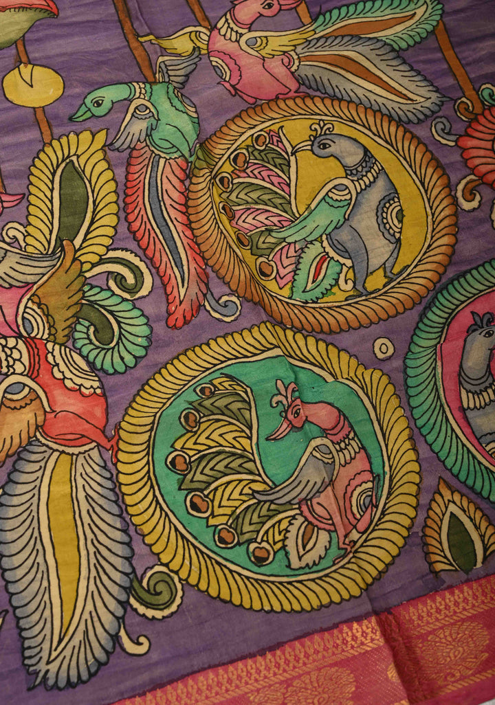 DUPATTA : Lavender Authentic Pen Kalamkari on Mangalagiri Silk Cotton Dupatta with Lotus and Peacock Mandalas Design
