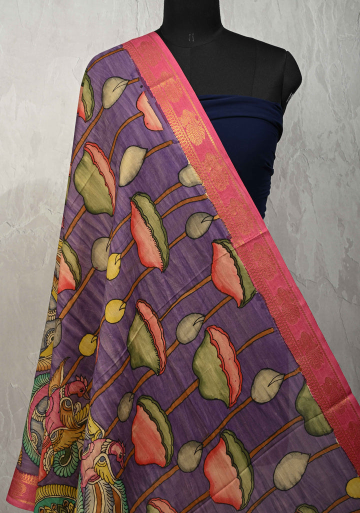 DUPATTA : Lavender Authentic Pen Kalamkari on Mangalagiri Silk Cotton Dupatta with Lotus and Peacock Mandalas Design
