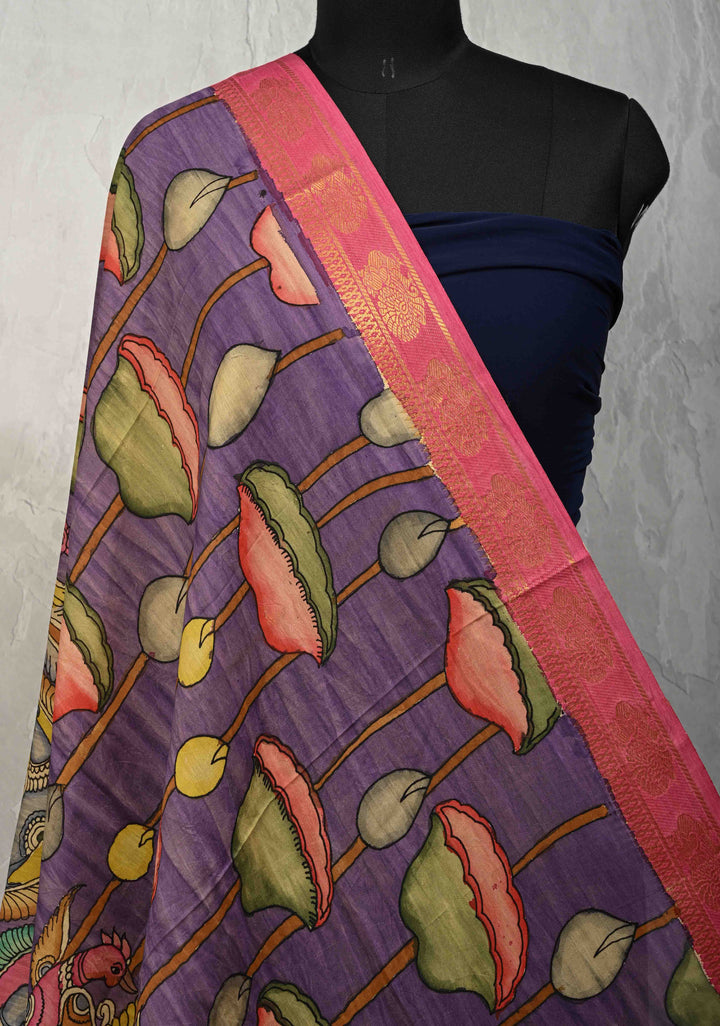 DUPATTA : Lavender Authentic Pen Kalamkari on Mangalagiri Silk Cotton Dupatta with Lotus and Peacock Mandalas Design