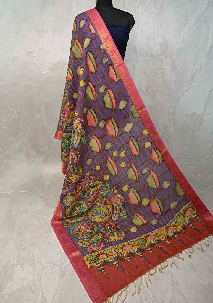 DUPATTA : Lavender Authentic Pen Kalamkari on Mangalagiri Silk Cotton Dupatta with Lotus and Peacock Mandalas Design