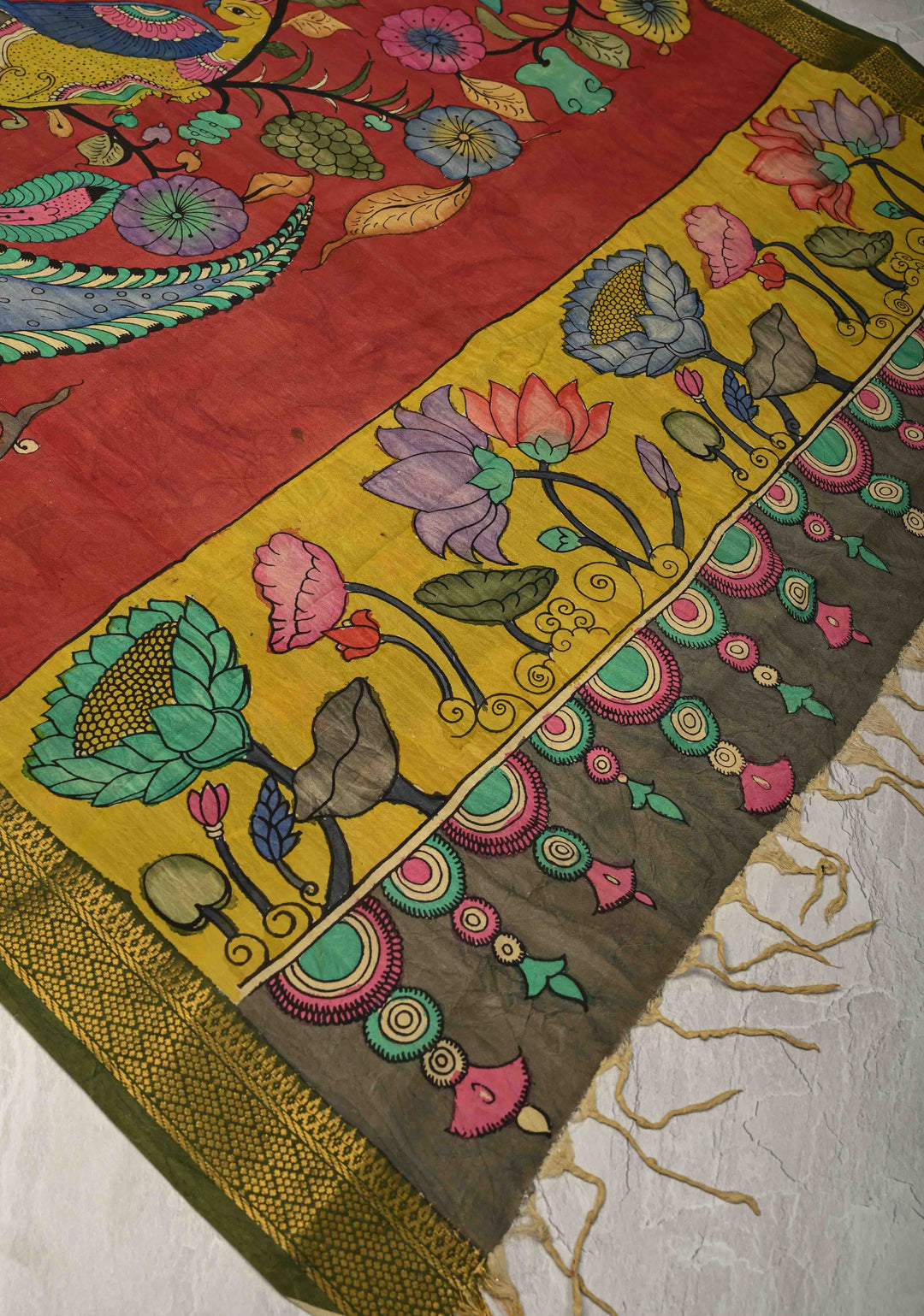DUPATTA : Brick Red Authentic Pen Kalamkari on Mangalagiri Silk Cotton Dupatta with Peacock and Corn Theme