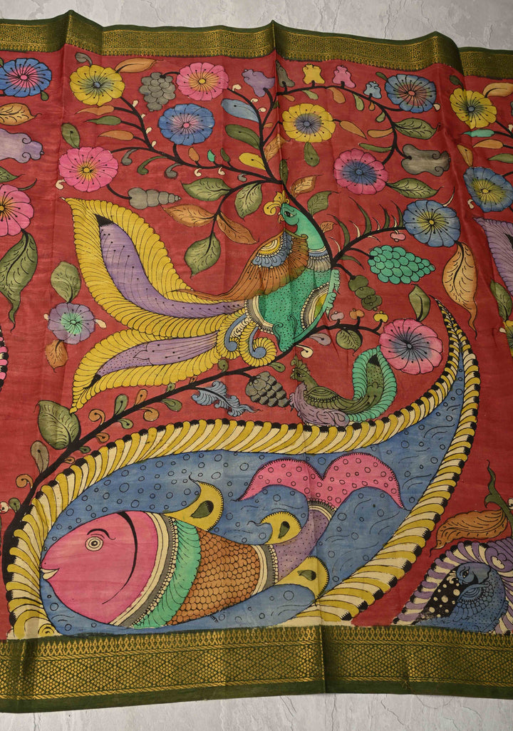DUPATTA : Brick Red Authentic Pen Kalamkari on Mangalagiri Silk Cotton Dupatta with Peacock and Corn Theme
