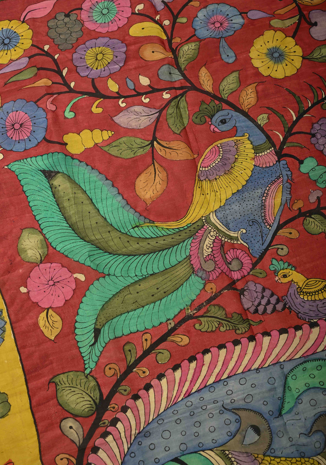 DUPATTA : Brick Red Authentic Pen Kalamkari on Mangalagiri Silk Cotton Dupatta with Peacock and Corn Theme