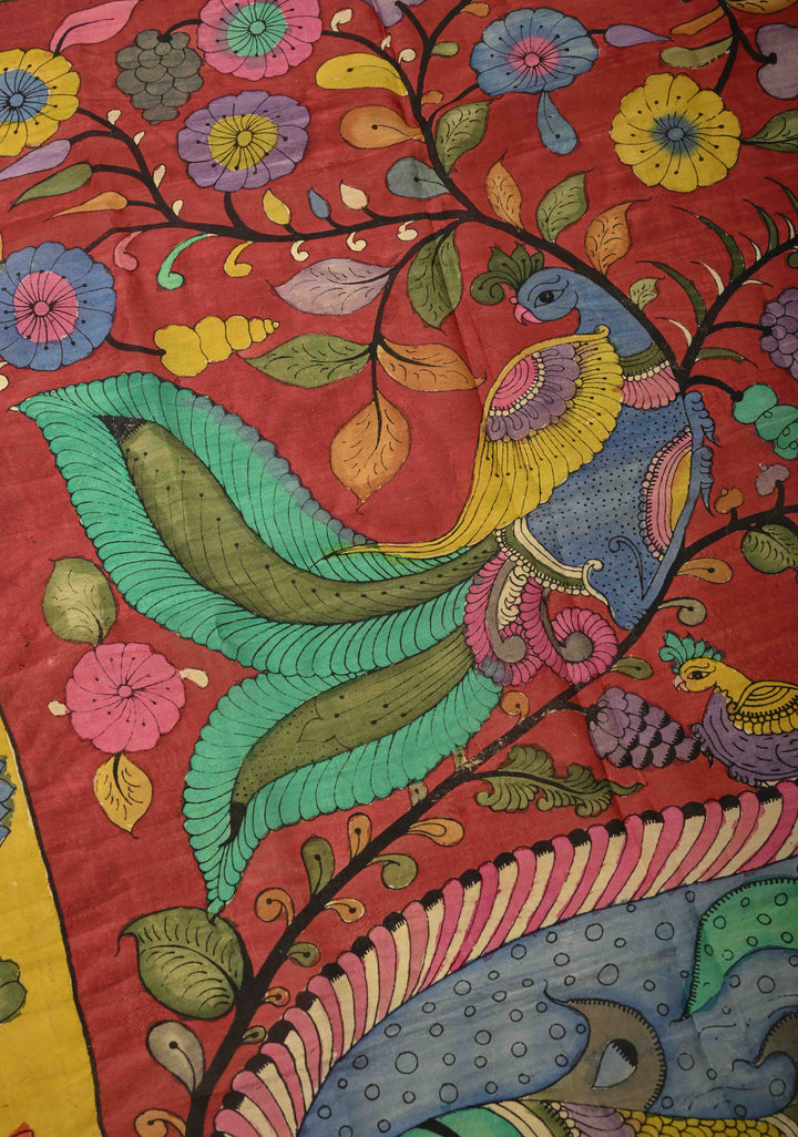 DUPATTA : Brick Red Authentic Pen Kalamkari on Mangalagiri Silk Cotton Dupatta with Peacock and Corn Theme