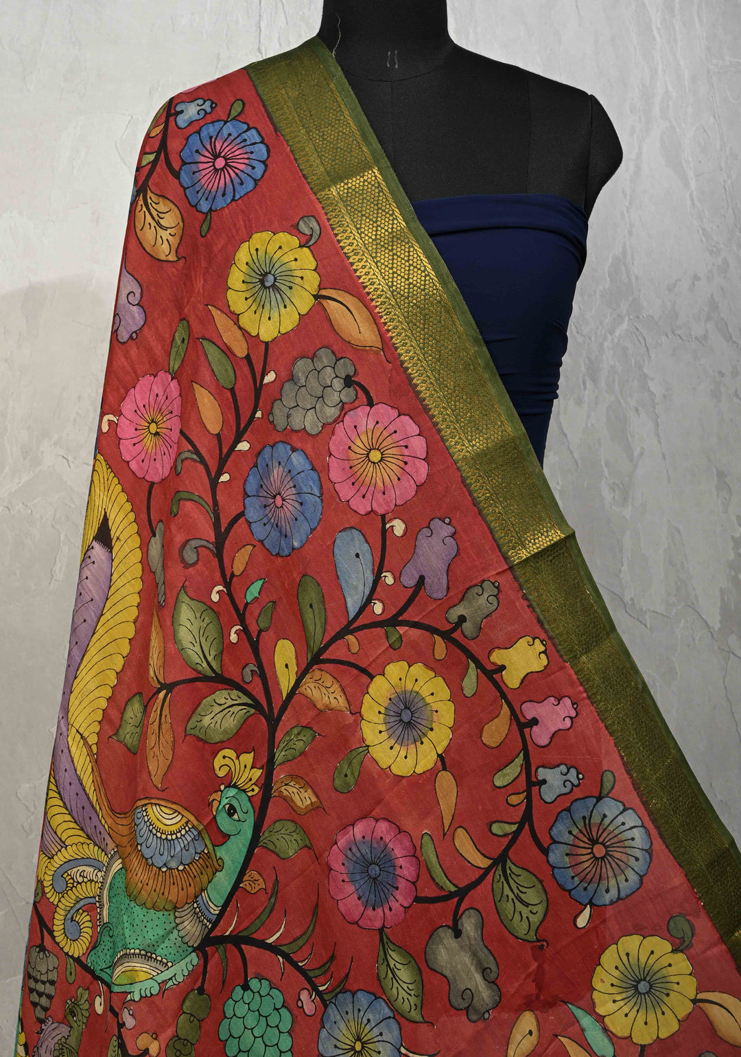 DUPATTA : Brick Red Authentic Pen Kalamkari on Mangalagiri Silk Cotton Dupatta with Peacock and Corn Theme