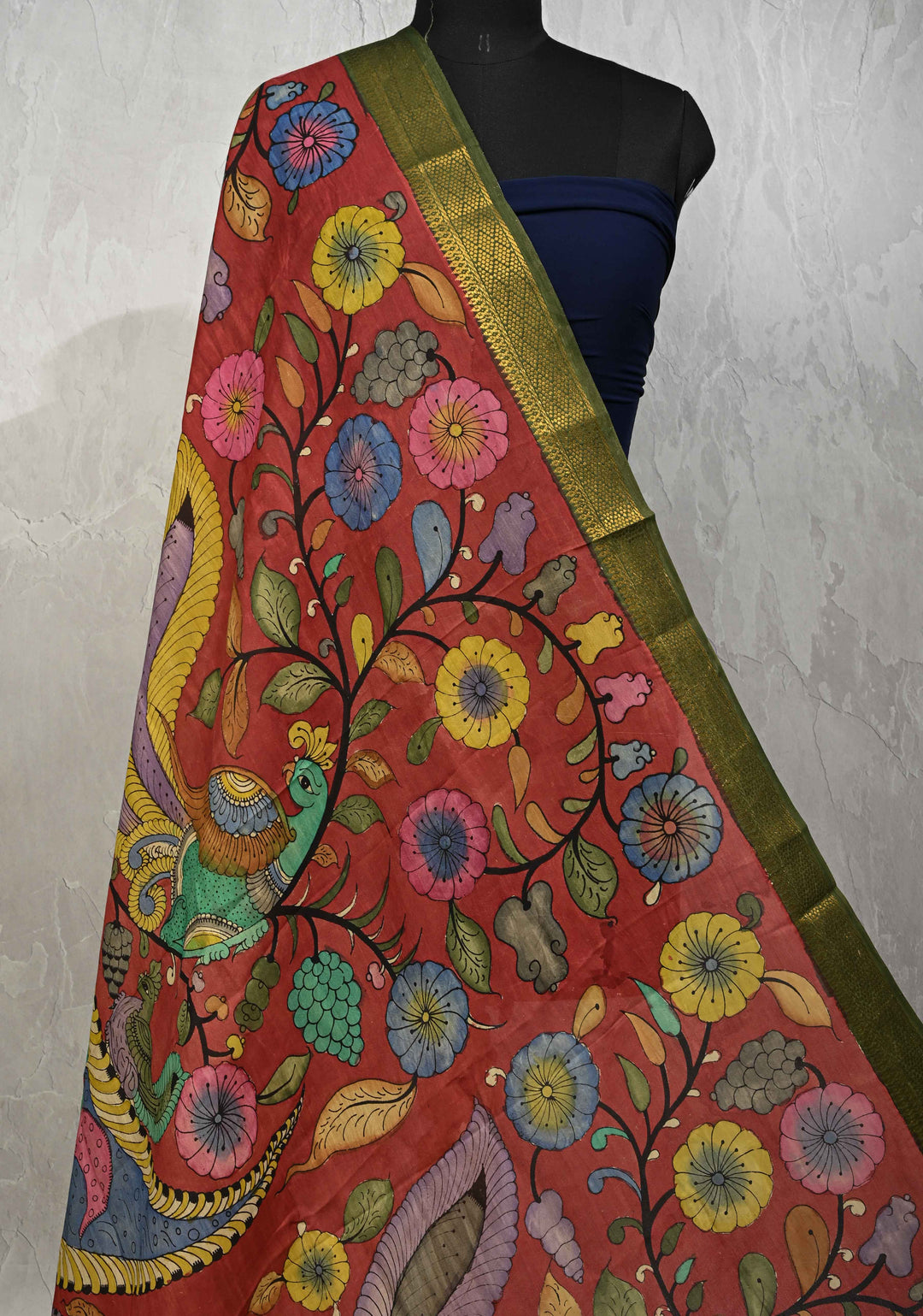 DUPATTA : Brick Red Authentic Pen Kalamkari on Mangalagiri Silk Cotton Dupatta with Peacock and Corn Theme