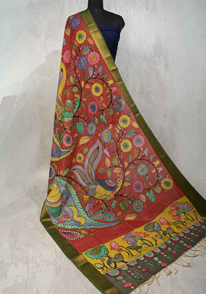 DUPATTA : Brick Red Authentic Pen Kalamkari on Mangalagiri Silk Cotton Dupatta with Peacock and Corn Theme