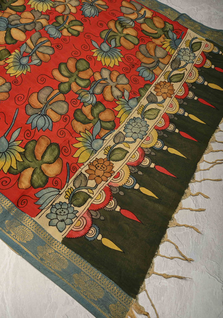 DUPATTA : Authentic Pen Kalamkari on Mangalagiri Silk Cotton Dupatta with Floral Theme