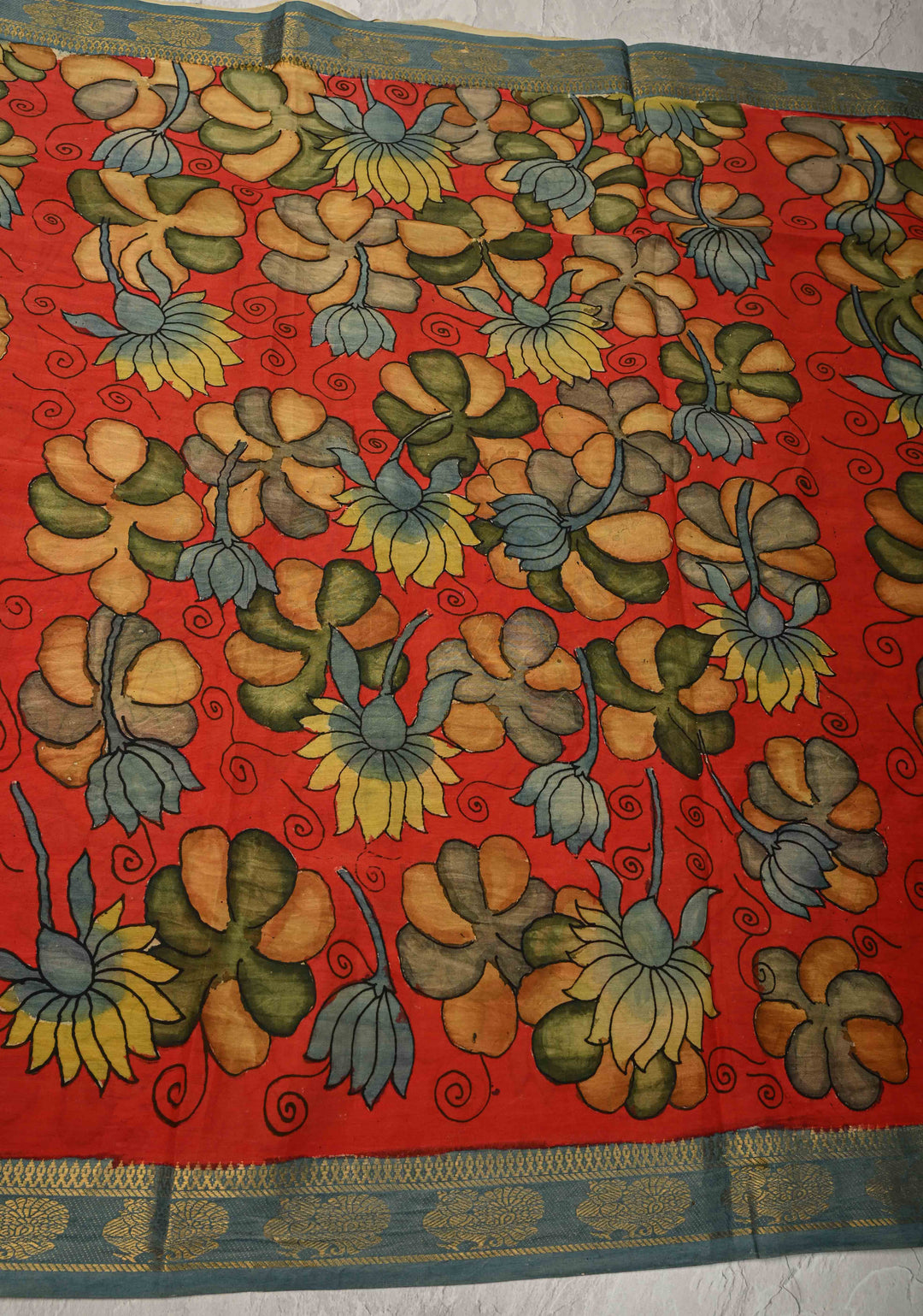 DUPATTA : Authentic Pen Kalamkari on Mangalagiri Silk Cotton Dupatta with Floral Theme