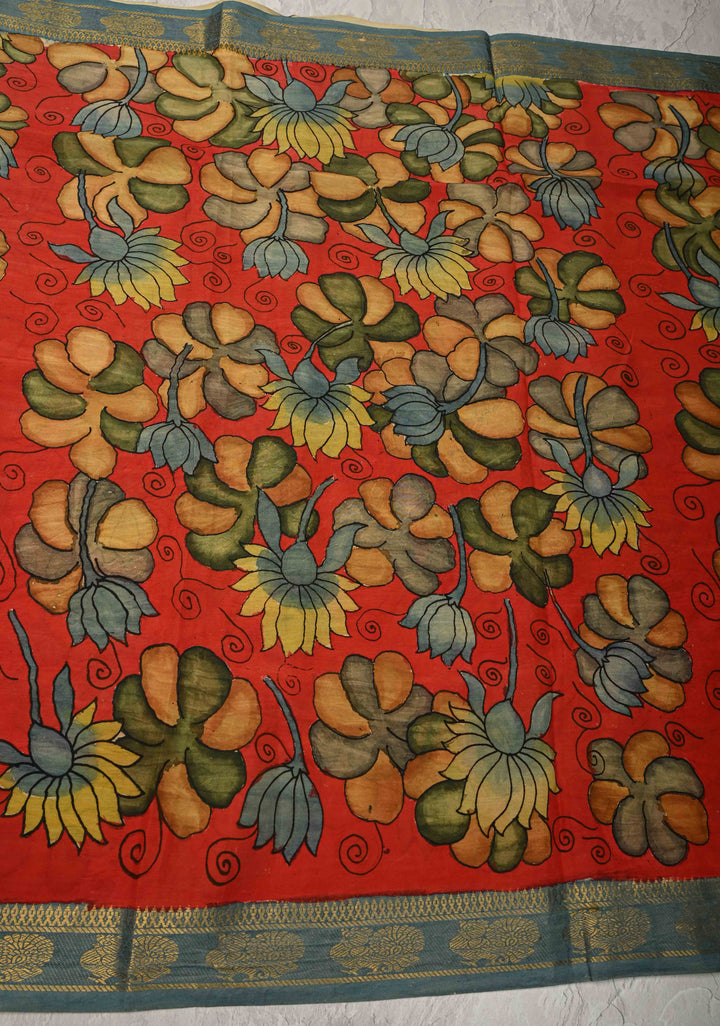 DUPATTA : Authentic Pen Kalamkari on Mangalagiri Silk Cotton Dupatta with Floral Theme