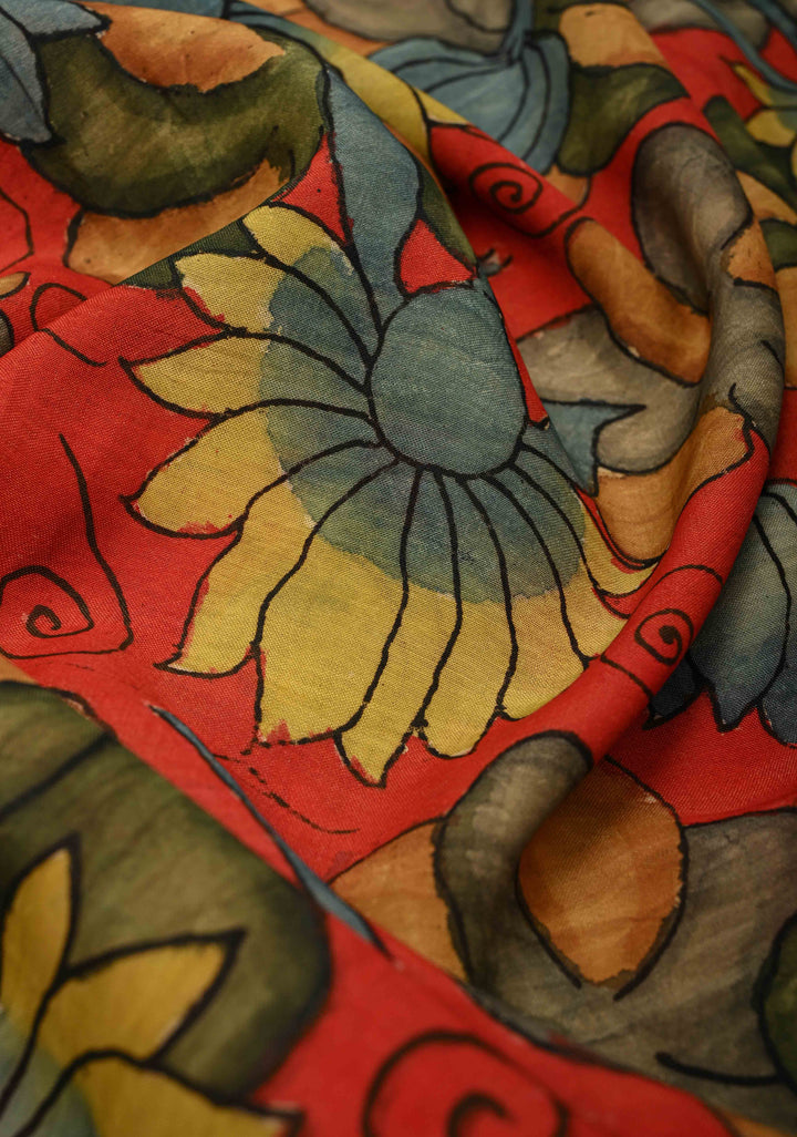DUPATTA : Authentic Pen Kalamkari on Mangalagiri Silk Cotton Dupatta with Floral Theme