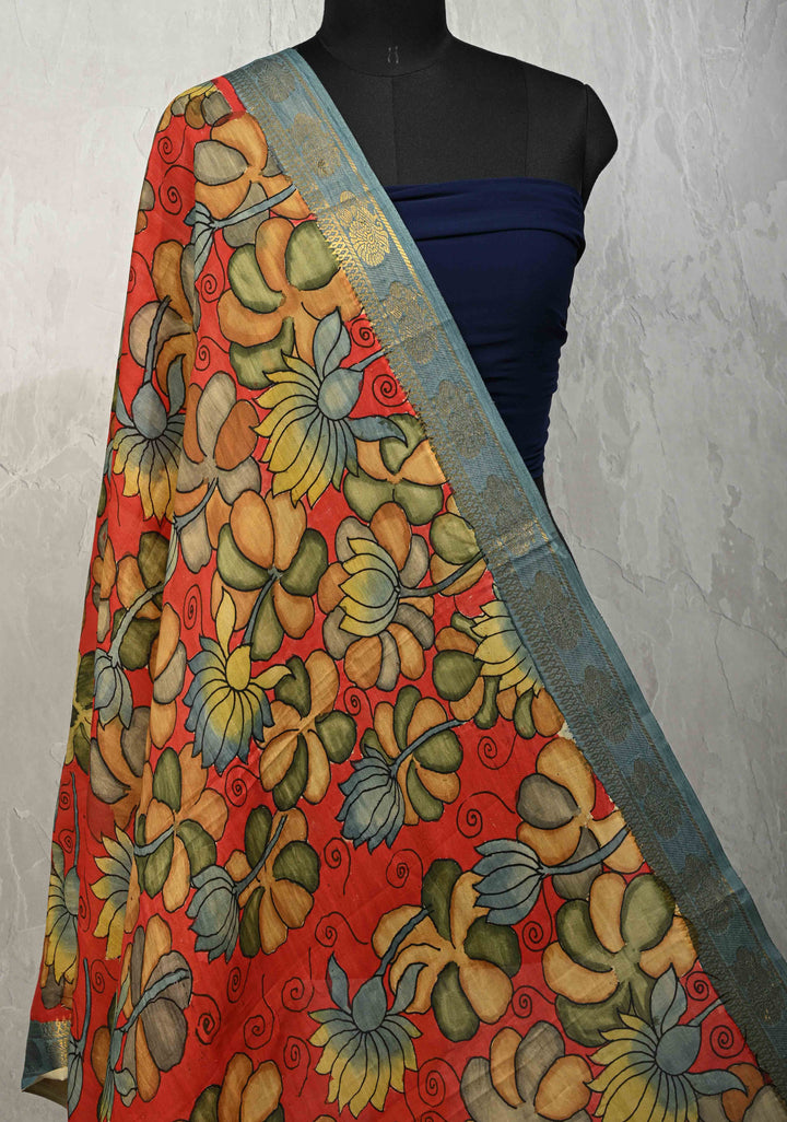 DUPATTA : Authentic Pen Kalamkari on Mangalagiri Silk Cotton Dupatta with Floral Theme
