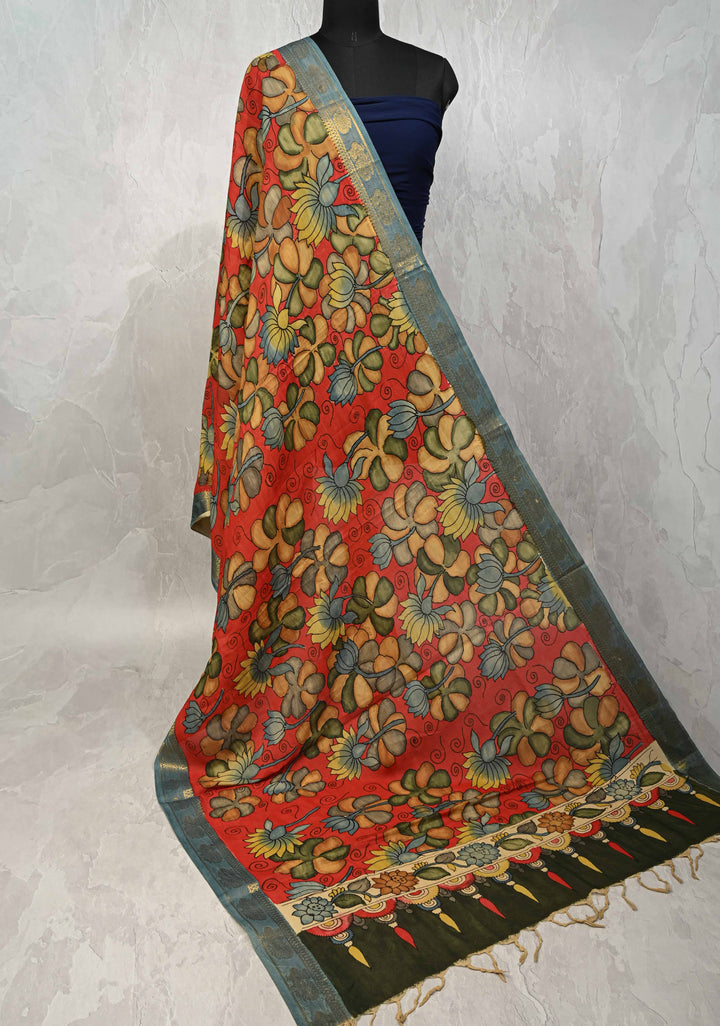 DUPATTA : Authentic Pen Kalamkari on Mangalagiri Silk Cotton Dupatta with Floral Theme