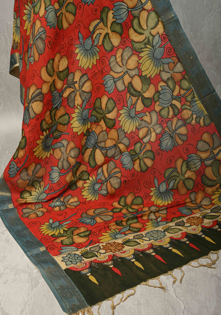 DUPATTA : Authentic Pen Kalamkari on Mangalagiri Silk Cotton Dupatta with Floral Theme