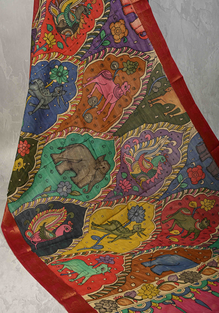 DUPATTA : Multicolor Authentic Pen Kalamkari Animal Design Jaal Dupatta on Mangalagiri Silk Cotton