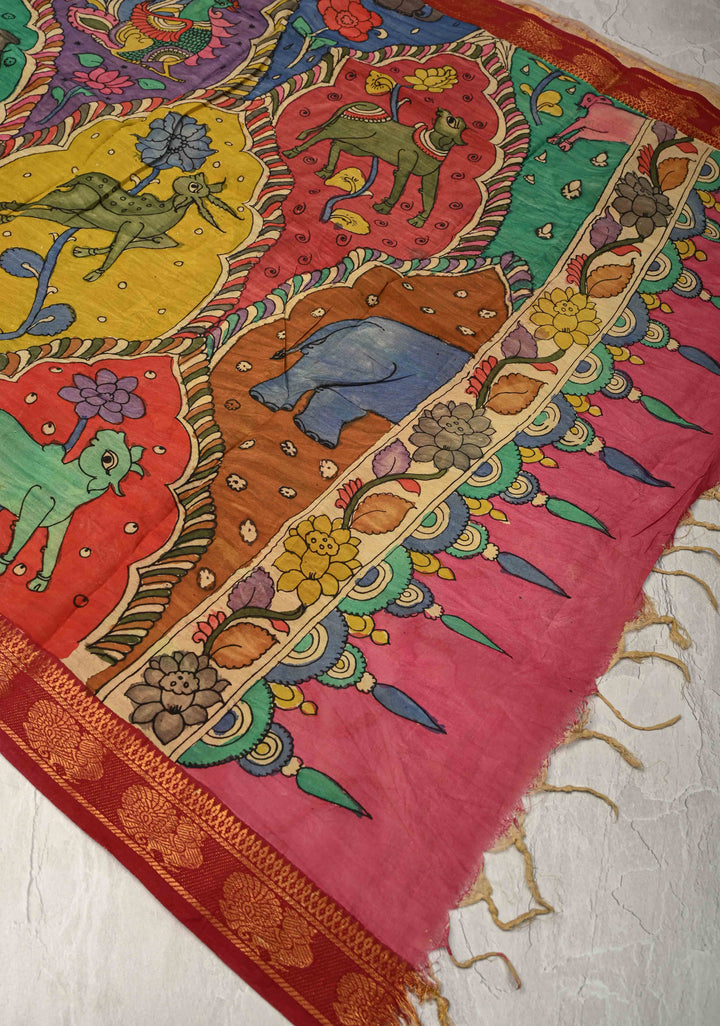 DUPATTA : Multicolor Authentic Pen Kalamkari Animal Design Jaal Dupatta on Mangalagiri Silk Cotton