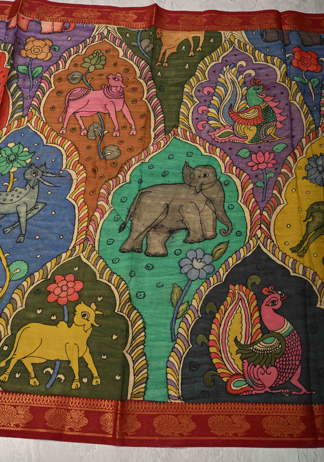 DUPATTA : Multicolor Authentic Pen Kalamkari Animal Design Jaal Dupatta on Mangalagiri Silk Cotton