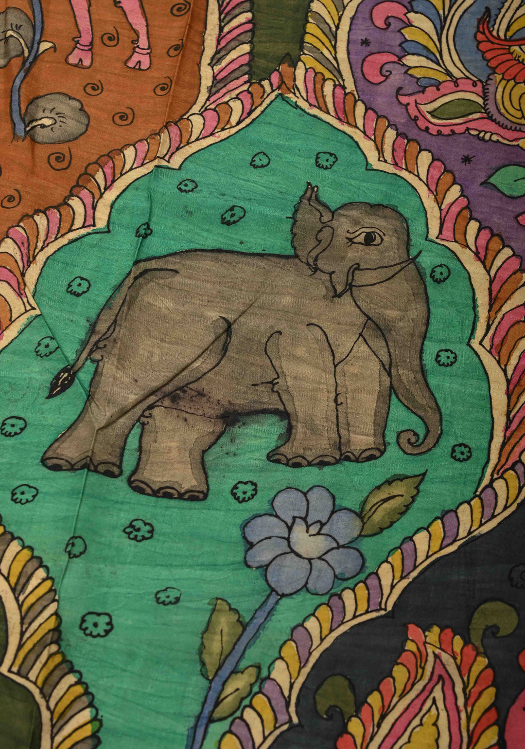 DUPATTA : Multicolor Authentic Pen Kalamkari Animal Design Jaal Dupatta on Mangalagiri Silk Cotton