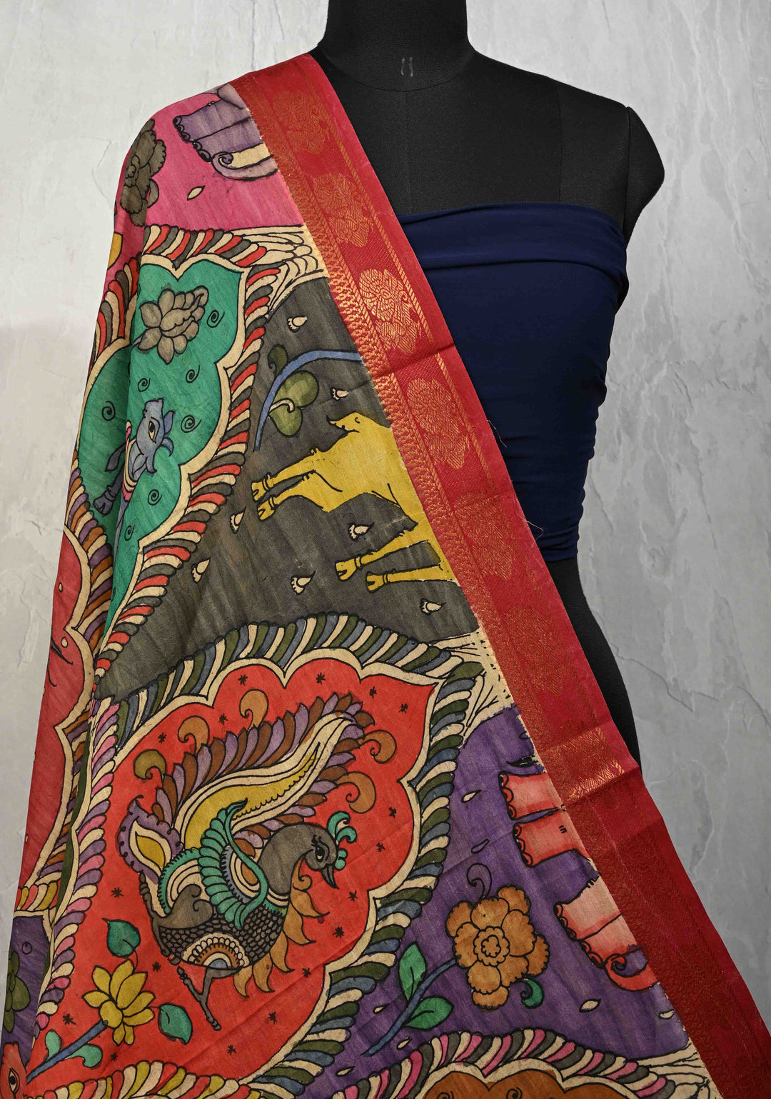 DUPATTA : Multicolor Authentic Pen Kalamkari Animal Design Jaal Dupatta on Mangalagiri Silk Cotton