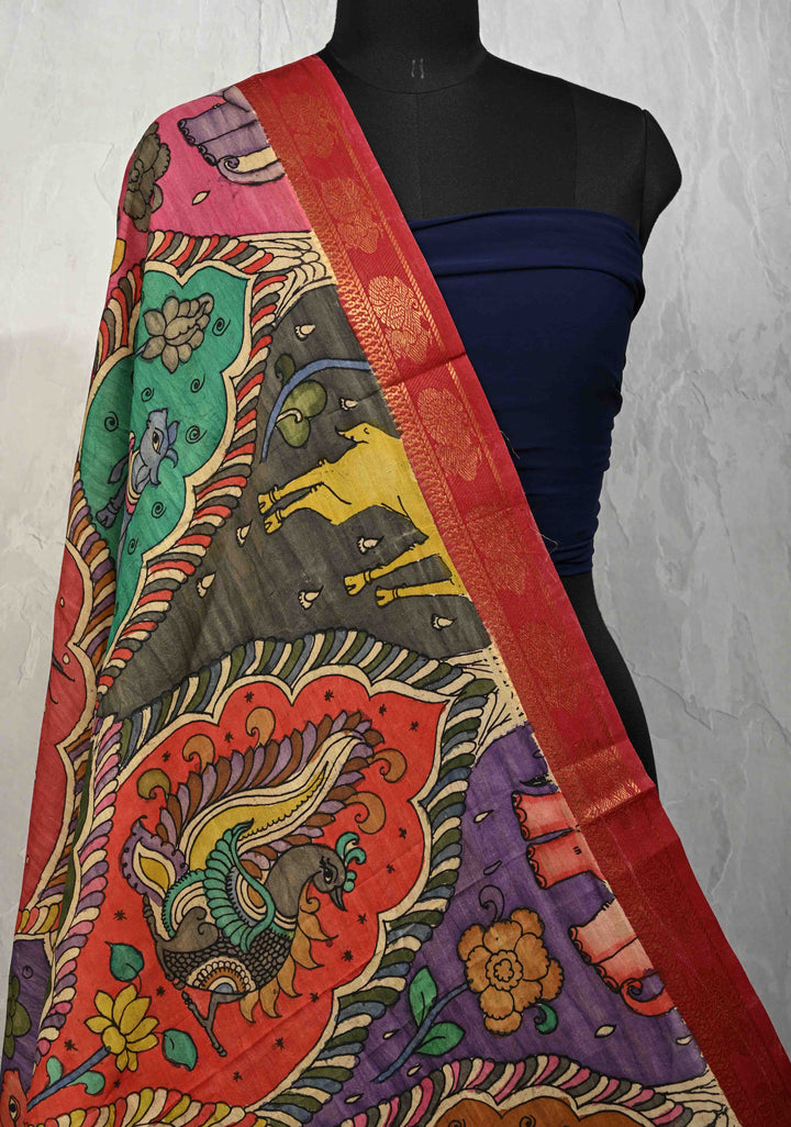 DUPATTA : Multicolor Authentic Pen Kalamkari Animal Design Jaal Dupatta on Mangalagiri Silk Cotton