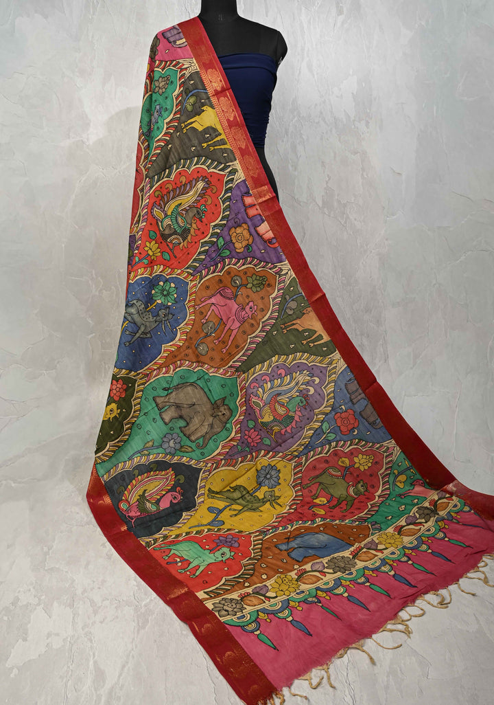 DUPATTA : Multicolor Authentic Pen Kalamkari Animal Design Jaal Dupatta on Mangalagiri Silk Cotton