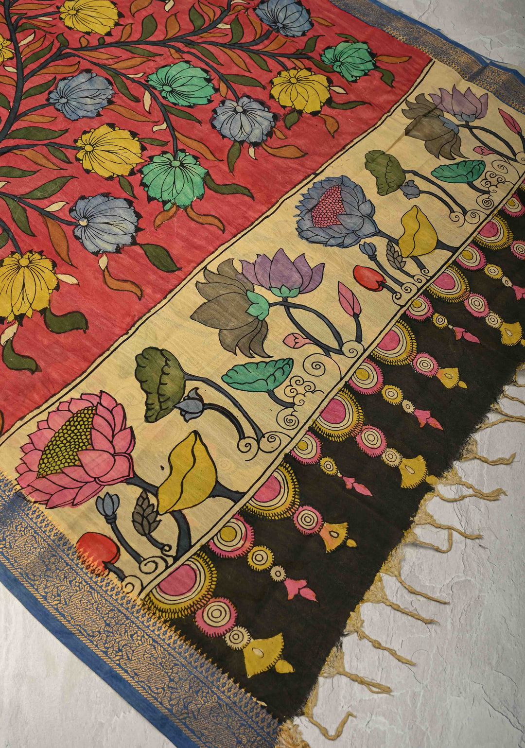 DUPATTA : Coral Pink Authentic Pen Kalamkari on Mangalagiri Silk Cotton Dupatta with Peacock and Floral Theme