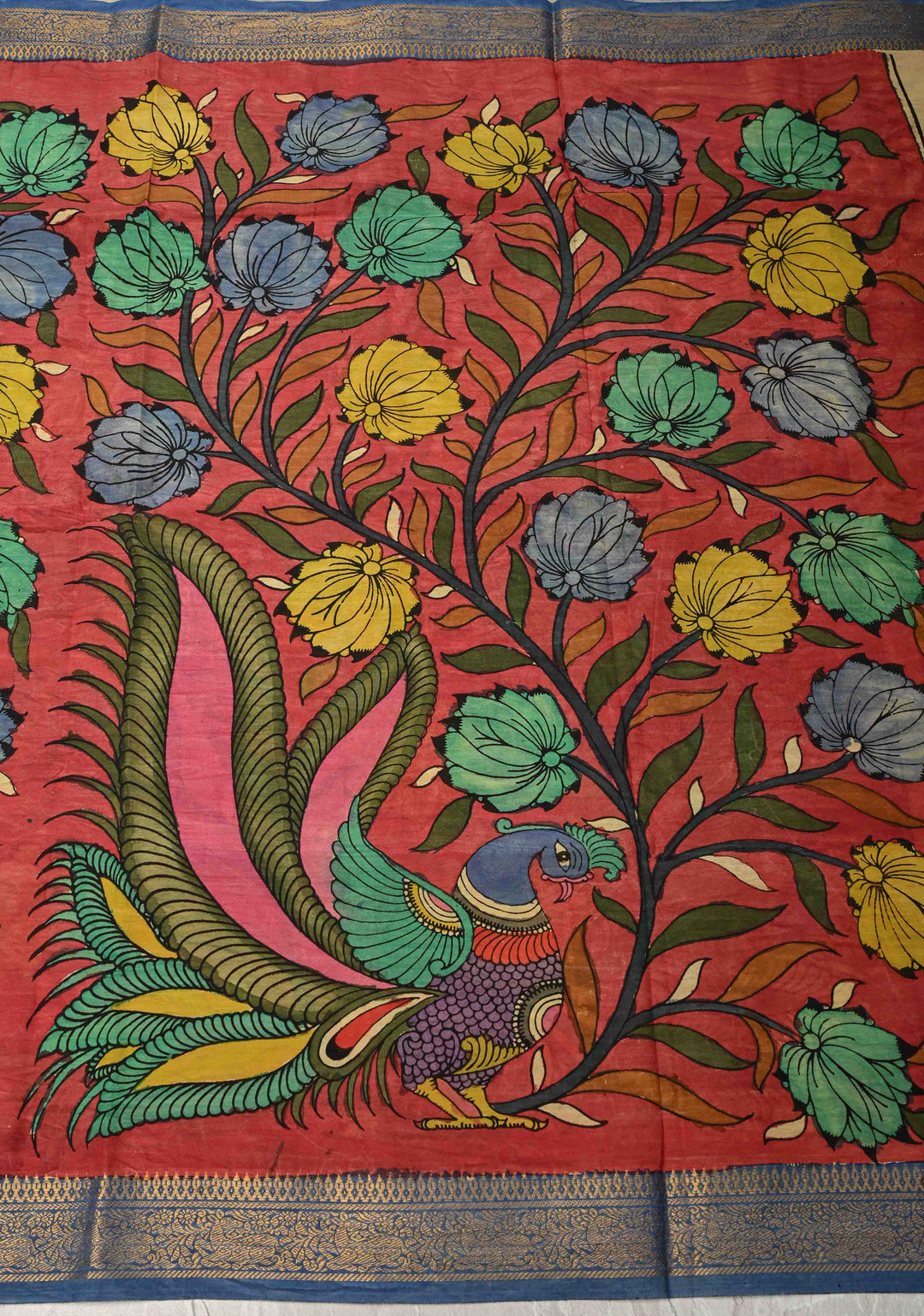 DUPATTA : Coral Pink Authentic Pen Kalamkari on Mangalagiri Silk Cotton Dupatta with Peacock and Floral Theme