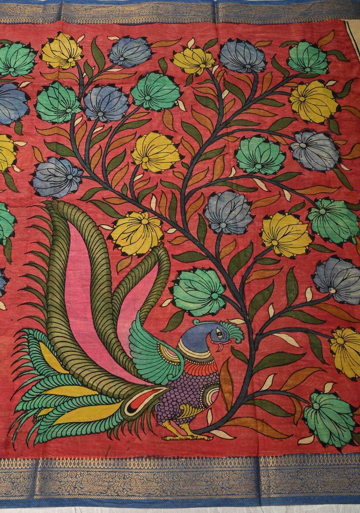 DUPATTA : Coral Pink Authentic Pen Kalamkari on Mangalagiri Silk Cotton Dupatta with Peacock and Floral Theme