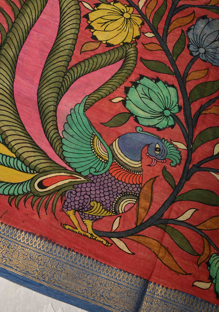 DUPATTA : Coral Pink Authentic Pen Kalamkari on Mangalagiri Silk Cotton Dupatta with Peacock and Floral Theme